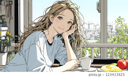 ゆったりした気分で朝食を一人で食べている若い女性