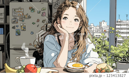 ゆったりした気分で朝食を一人で食べている若い女性