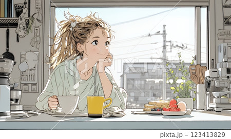 ゆったりした気分で朝食を一人で食べている若い女性