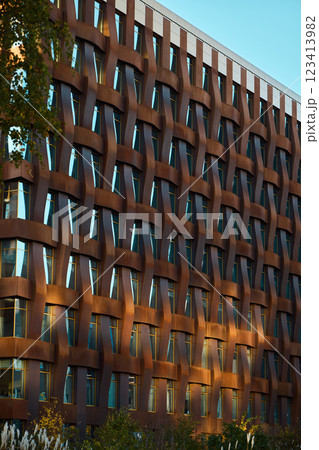 The Modern Architectural Facade Showcases Unique Patterns and Creative Aesthetic Elements The Modern Architectural Facade Showcases Unique Patterns and Creative Aesthetic Elements 123413982