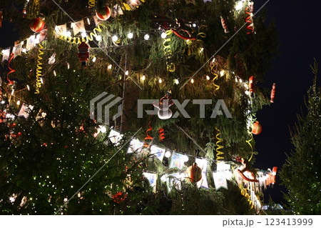A Festive Christmas Tree Beautifully Decorated with Colorful Lights and Ornaments A Festive Christmas Tree Beautifully Decorated with Colorful Lights and Ornaments 123413999