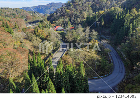 晩秋の信越大橋から望むアートな道路 123414005
