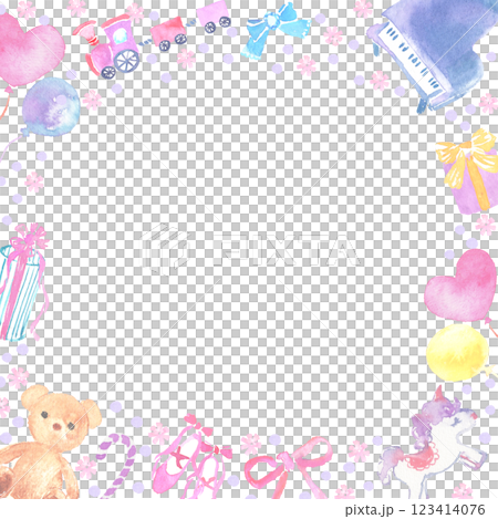 水彩風のかわいいベビー向けフレーム　おもちゃ・プレゼント・風船 123414076
