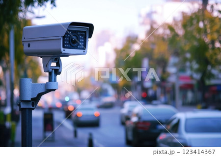 A street scene with a camera mounted on a pole 123414367