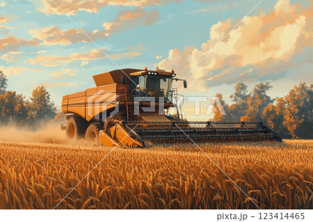 A large yellow tractor is driving through a field of wheat 123414465