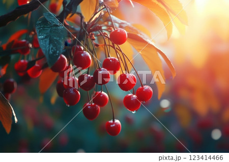 A bunch of red cherries hanging from a tree 123414466