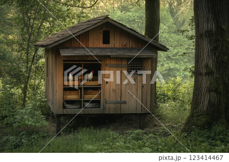 A small wooden chicken coop with two chickens inside 123414467