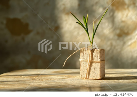 A small plant is growing out of a wooden block 123414470