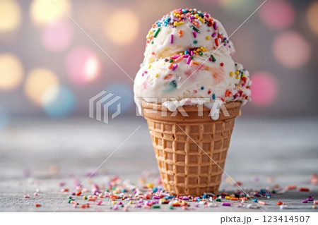 A white ice cream cone with rainbow sprinkles on top 123414507