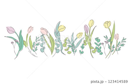 線画。シンプルな春のチューリップイラスト。線画で描いたチューリップ。 123414589