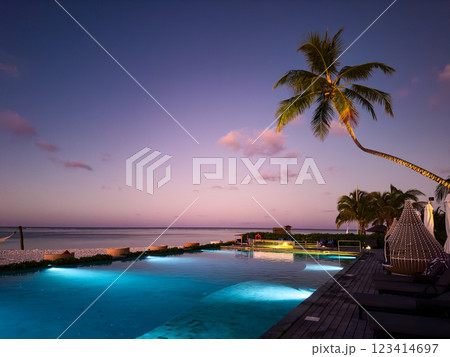 Sunset at beach resort in the Maldives, Asia 123414697