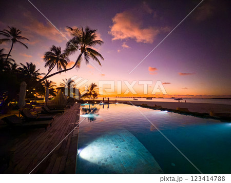 Sunset at beach resort in the Maldives, Asia 123414788