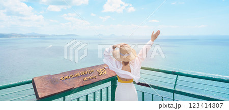 Woman tourist traveling in Krabi, Thailand. happy traveller enjoy and sightseeing view at koh Hong island viewpoint. summer trip, destination, Southeast Asia Travel, vacation and holiday concept Woman tourist traveling in Krabi, Thailand. happy traveller enjoy and sightseeing view at koh Hong island viewpoint. summer trip, destination, Southeast Asia Travel, vacation and holiday concept 123414807