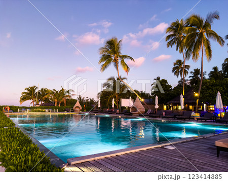 Sunset at beach resort in the Maldives, Asia Sunset at beach resort in the Maldives, Asia 123414885