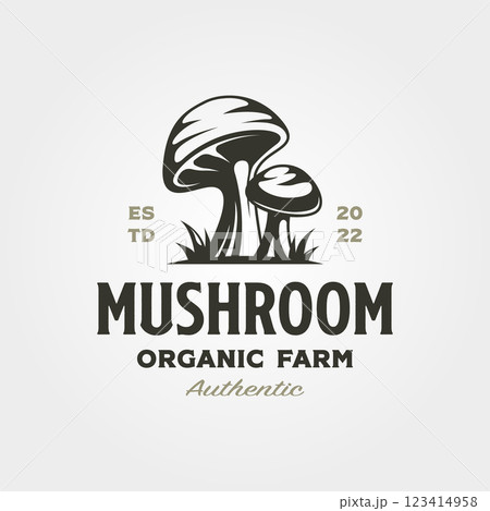 mushroom farm logo vintage vector illustration design, champignon mushroom logo design 123414958