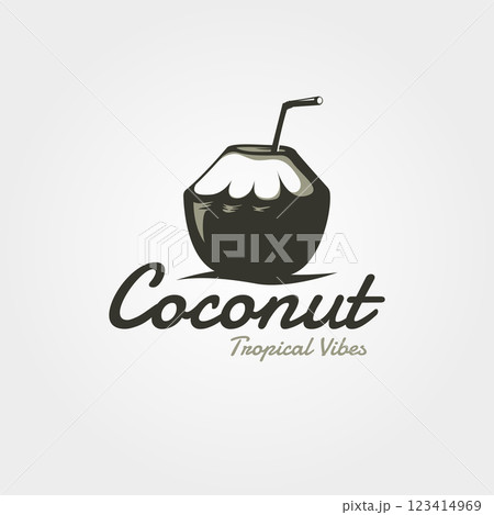 coconut fruit water with straw logo vintage vector symbol illustration design 123414969