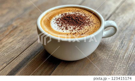 frothy cappuccino topped with cocoa powder on wooden table 123415174