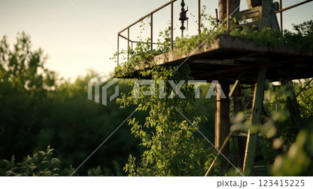 Futuristic abandoned oil drilling station overgrown with plants 123415225