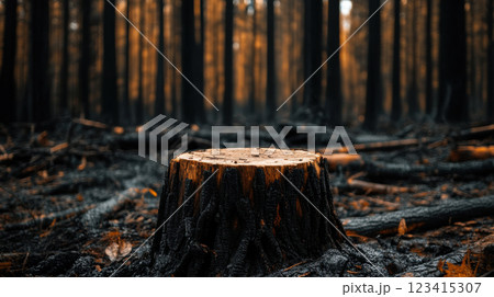 forest with tree stump surrounded by charred trees and burnt ground forest with tree stump surrounded by charred trees and burnt ground 123415307