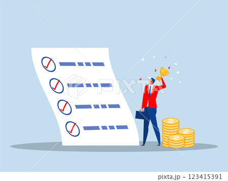 businessman holding winner trophy with habit checklist succeed and achieve goal winner progress, planning concept vector 123415391