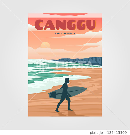 canggu beach with sunset view vintage poster design, bali travel poster design canggu beach with sunset view vintage poster design, bali travel poster design 123415509