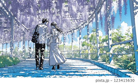 満開の藤の木の下でデートをしている若いカップル