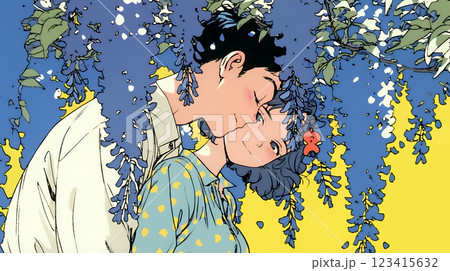 満開の藤の木の下でデートをしている若いカップル