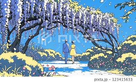 満開の藤の木の下でデートをしている若いカップル