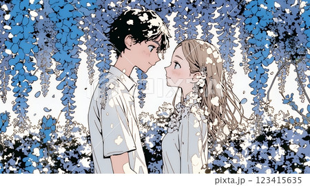 満開の藤の木の下でデートをしている若いカップル