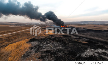 factory emitting dark smoke over landscape of waste materials and burning debris 123415740