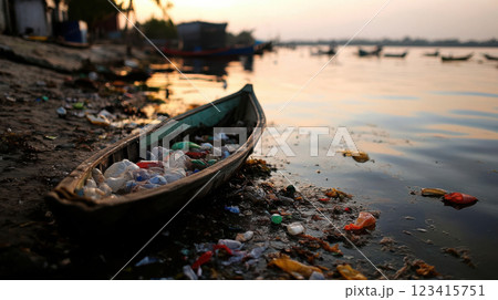 fishing village affected by pollution, with trash in water and on shore 123415751