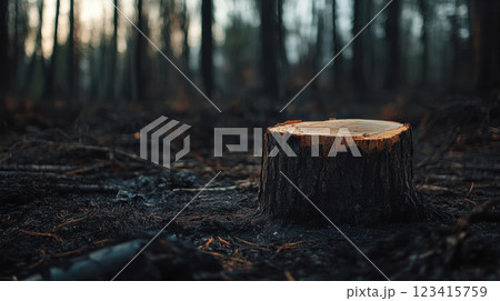 deforested area with tree stump surrounded by dark soil and burnt debris 123415759