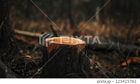 tree stump in deforested area, surrounded by burnt vegetation and debris 123415761