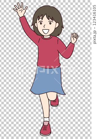 片手を上げて笑顔を見せる元気な女の子 片手を上げて笑顔を見せる元気な女の子 123416105