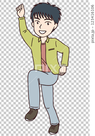 Cheerful young man smiling with one hand raised Cheerful young man smiling with one hand raised 123416106