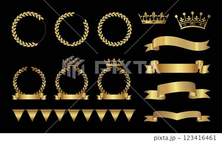 Set of golden laurel wreaths and crowns, ribbons, laurel wreaths of different shapes for winners. Luxury leadership award on dark background. Golden award ribbon banners for text, Label. 123416461