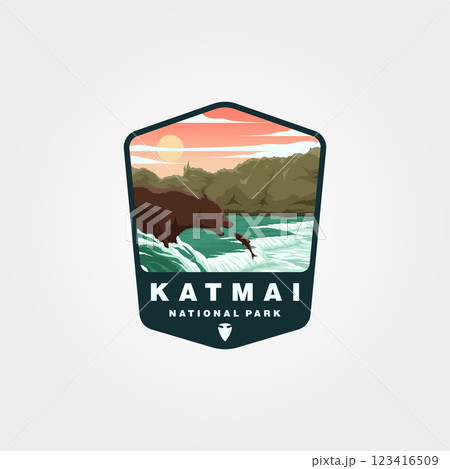 katmai national park sticker patch logo design, wild bear eat catch fish illustration design 123416509