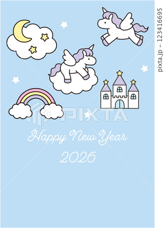 かわいいユニコーンの年賀状のテンプレート。2026年、午年、白馬、ベクター、干支、ゆめかわ、虹 123416695