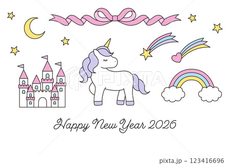 かわいいユニコーンの年賀状のテンプレート。2026年、午年、白馬、ベクター、干支、ゆめかわ、虹 123416696