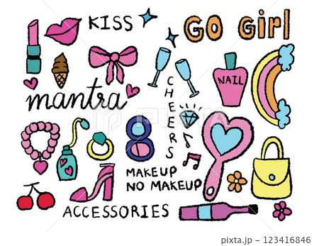 Hand drawn crayon illustration of mantra letters, lipstick, powder, mirror, nail polish, champagne glasses, perfume, bracelet, high heel shoe, bag, pink ribbon, lip, rainbow, ring, diamond, music 123416846