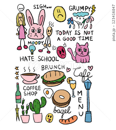 Hand drawn crayon illustrations of grumpy kids, moody bunny and cat, withered flowers, hamburger, bagel, hot coffee, cactus, sausage, champagne, street light for cafe, food, kid drawing style, sticker Hand drawn crayon illustrations of grumpy kids, moody bunny and cat, withered flowers, hamburger, bagel, hot coffee, cactus, sausage, champagne, street light for cafe, food, kid drawing style, sticker 123416847