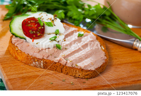 Toast with pate, cheese, cucumber 123417076