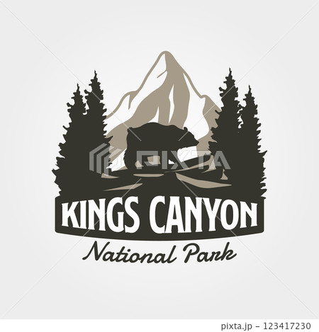 mountain outdoor vintage logo vector wildlife illustration design, king canyon national park logo 123417230