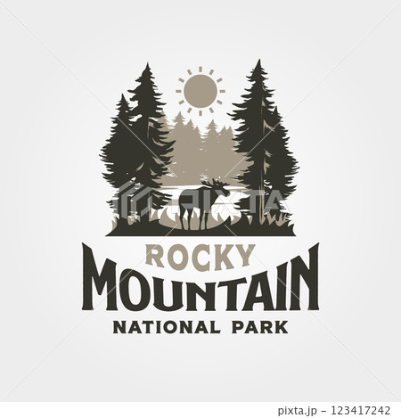 rocky mountain vintage outdoor logo vector illustration design with nature view symbol rocky mountain vintage outdoor logo vector illustration design with nature view symbol 123417242