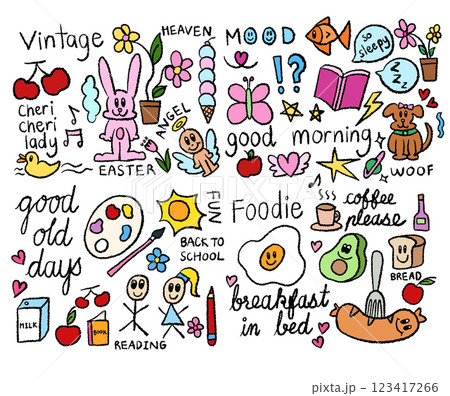 Hand drawn crayon illustration of bunny, puppy, duck, fish, cherry, avocado, fried egg, apple, bread, hot coffee, sausage, milk box, kids, watercolour, paint brush, pencil, book, flowers, heart, angel Hand drawn crayon illustration of bunny, puppy, duck, fish, cherry, avocado, fried egg, apple, bread, hot coffee, sausage, milk box, kids, watercolour, paint brush, pencil, book, flowers, heart, angel 123417266