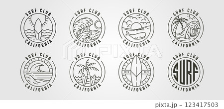 set of line art california surf club icon logo vector illustration design, ocean landscape minimal logo design set of line art california surf club icon logo vector illustration design, ocean landscape minimal logo design 123417503