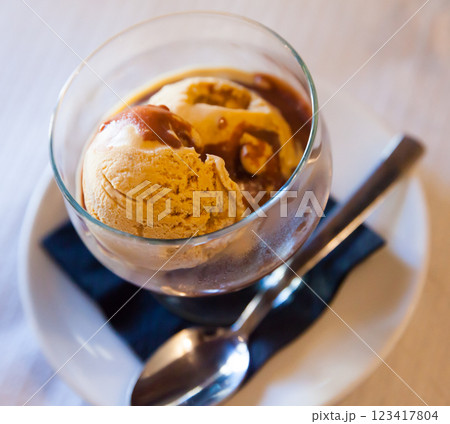 Sweet tasty chocolate ice-cream, served with hot chocolate Sweet tasty chocolate ice-cream, served with hot chocolate 123417804