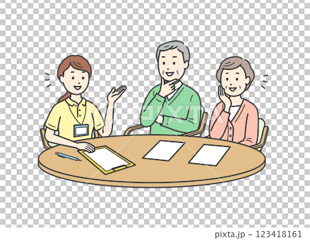 一對老年男女夫婦接受護理經理女士解釋的插圖 123418161