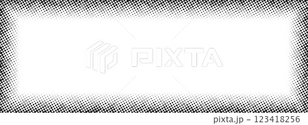 Halftone rectangle grain frame. Black comic dotted border. Pop art fading gradient frame backdrop. Black and white grunge abstract framing background. Dot texture graphic design wallpaper. Vector 123418256