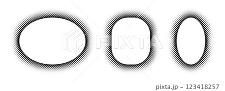 Black halftone ellipse frame set. Dotted gradient border collection. Pop art comic dot picture holder design for banner template, copy space, emblem, poster element. Vector rasterized framing back 123418257